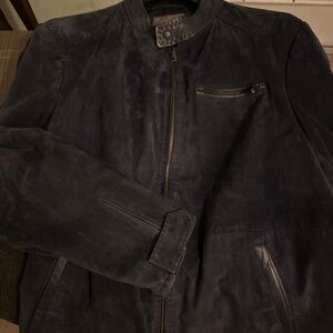 Men’s navy blue suede jacket.